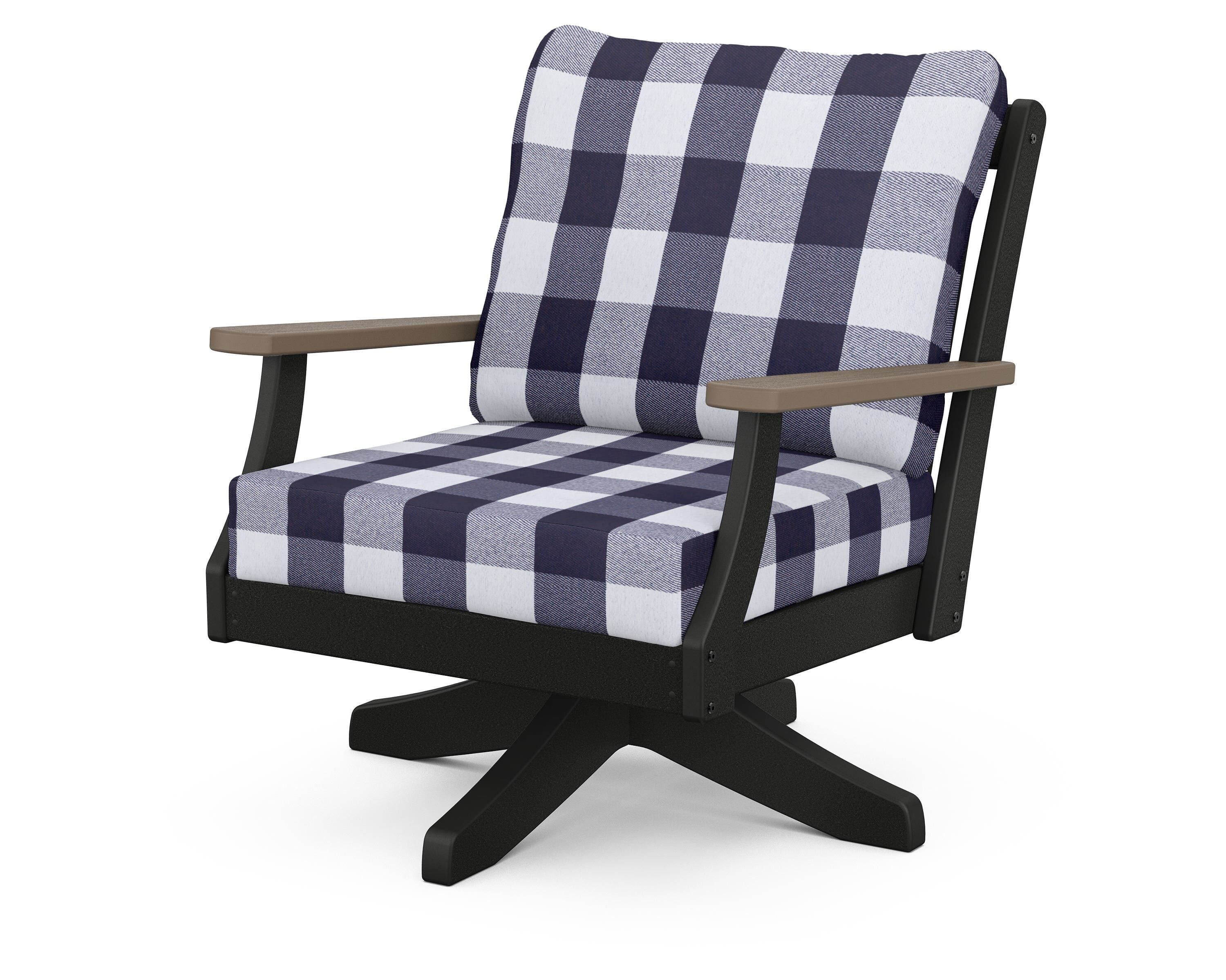 POLYWOOD® Braxton Deep Seating Swivel Chair in Black / Kona / Buffalo Plaid Navy