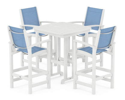 POLYWOOD® Coastal 5-Piece Bar Set in White / Poolside Sling