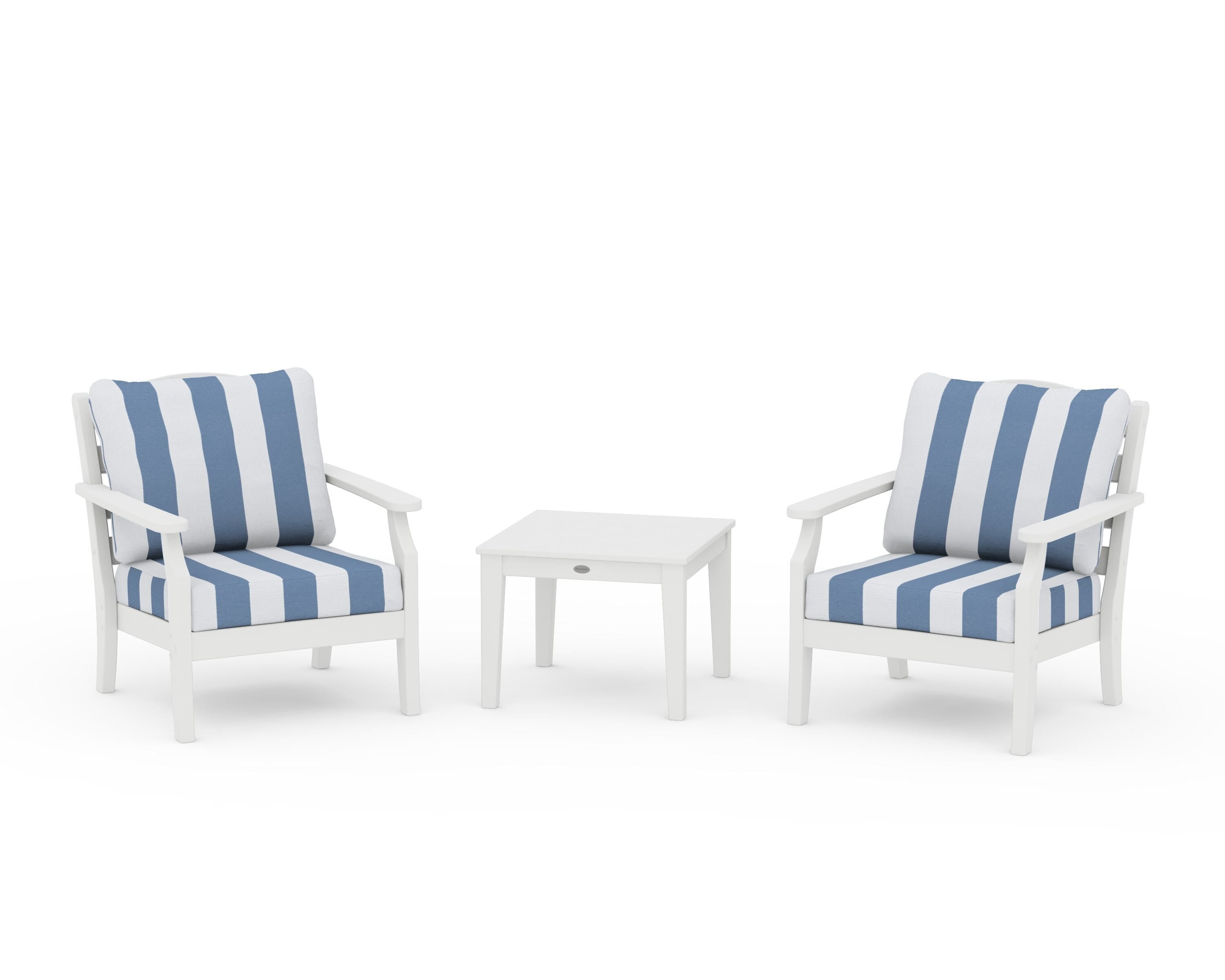 Draper James™ by  POLYWOOD® Savannah 3-Piece Deep Seating Set in White / Cabana Stripe Sky Blue