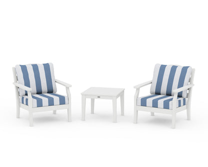 Draper James™ by  POLYWOOD® Savannah 3-Piece Deep Seating Set in White / Cabana Stripe Sky Blue