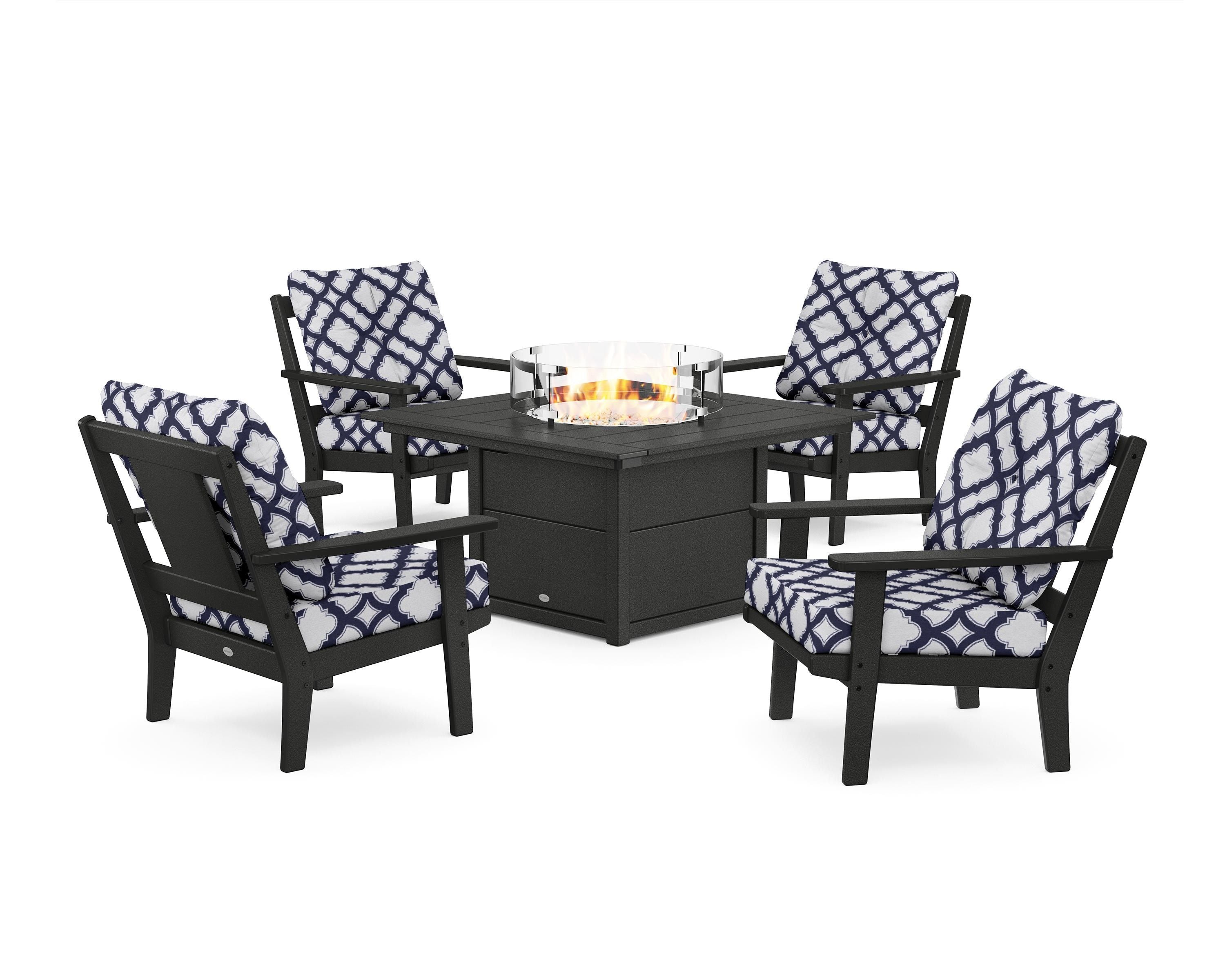 POLYWOOD® Prairie 5-Piece Deep Seating Set with Fire Pit Table in Black / Trellis Navy