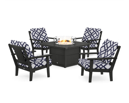 POLYWOOD® Prairie 5-Piece Deep Seating Set with Fire Pit Table in Black / Trellis Navy