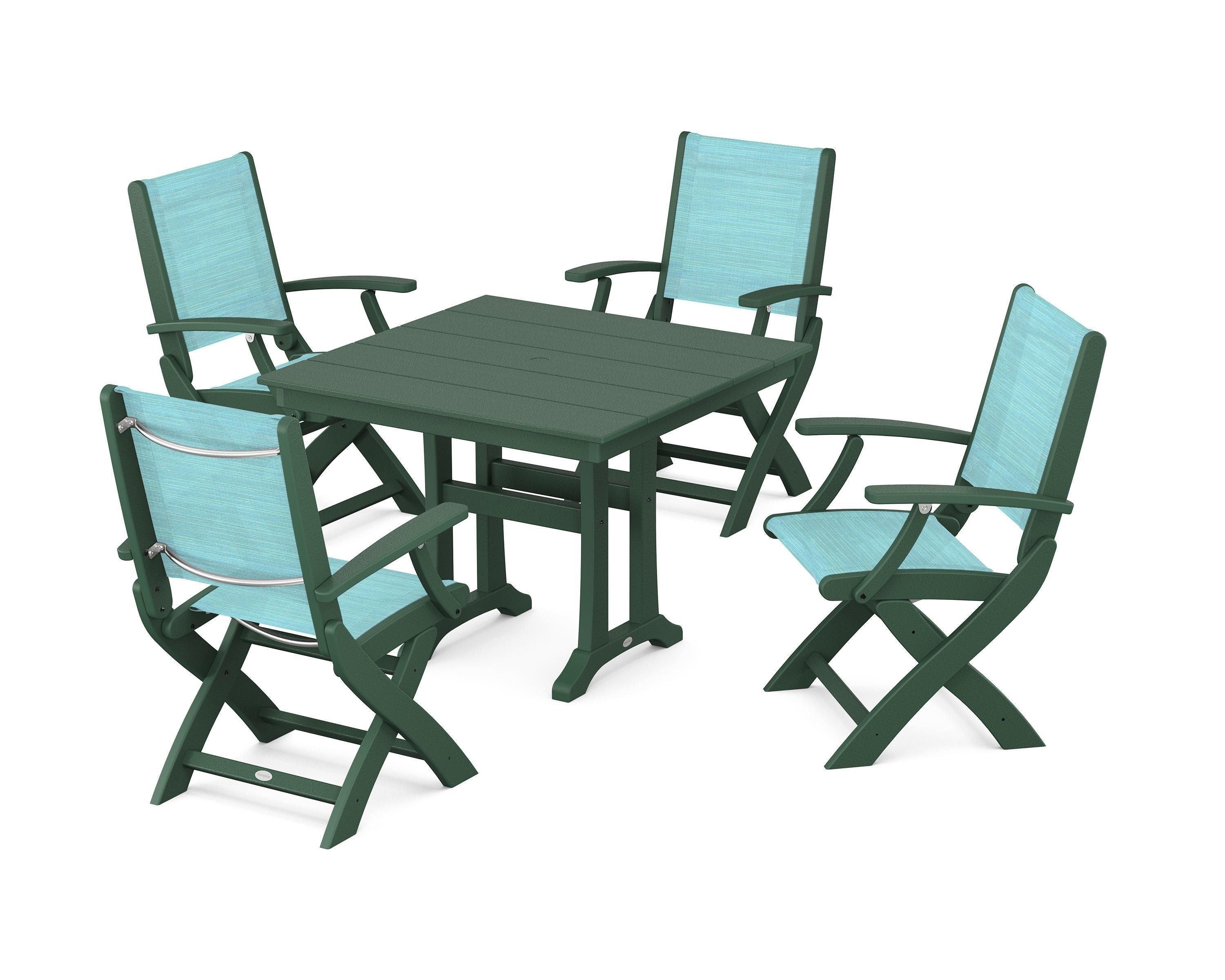POLYWOOD® Coastal Folding Chair 5-Piece Farmhouse Dining Set With Trestle Legs in Green / Dupioni Aquamarine Sling