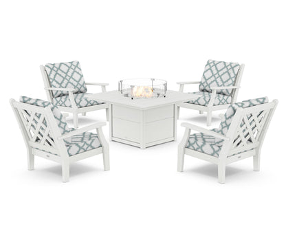 Country Living Wovendale 5-Piece Deep Seating Set with Fire Pit Table in White / Trellis Glacier Spa