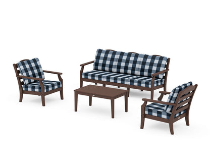 Draper James™ by  POLYWOOD® Savannah 4-Piece Deep Seating Set with Sofa in Mahogany / Buffalo Plaid Marine Indigo