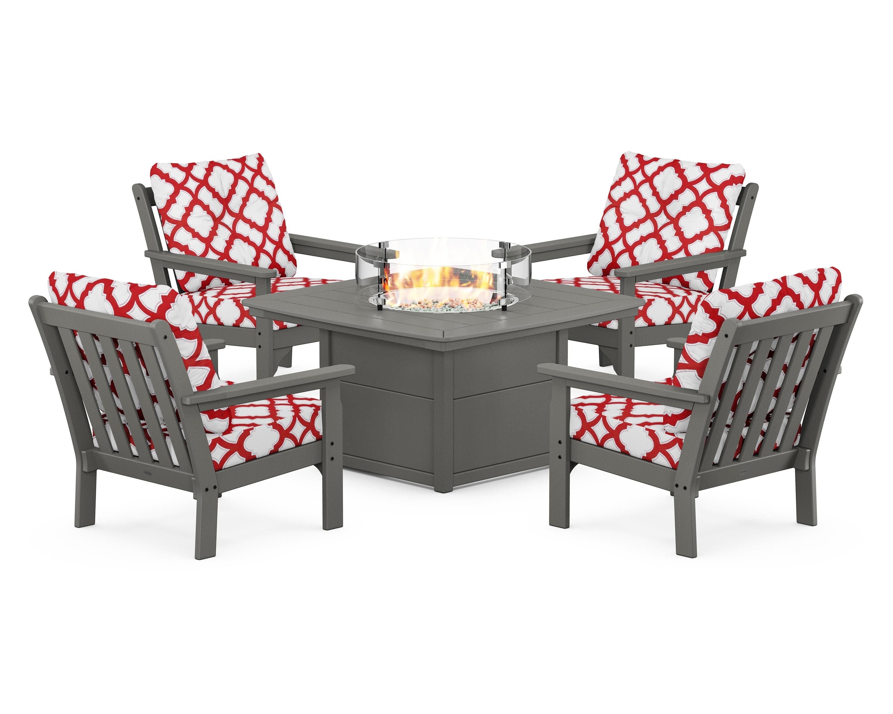 POLYWOOD® Vineyard 5-Piece Conversation Set with Fire Pit Table in Slate Grey / Trellis Crimson