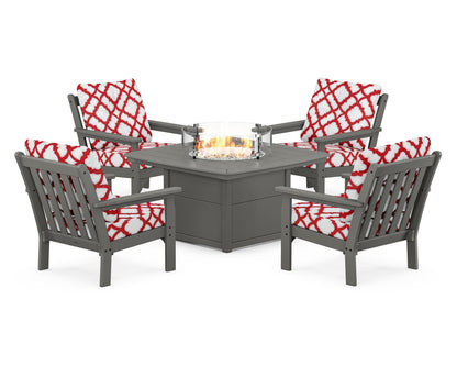 POLYWOOD® Vineyard 5-Piece Conversation Set with Fire Pit Table in Slate Grey / Trellis Crimson