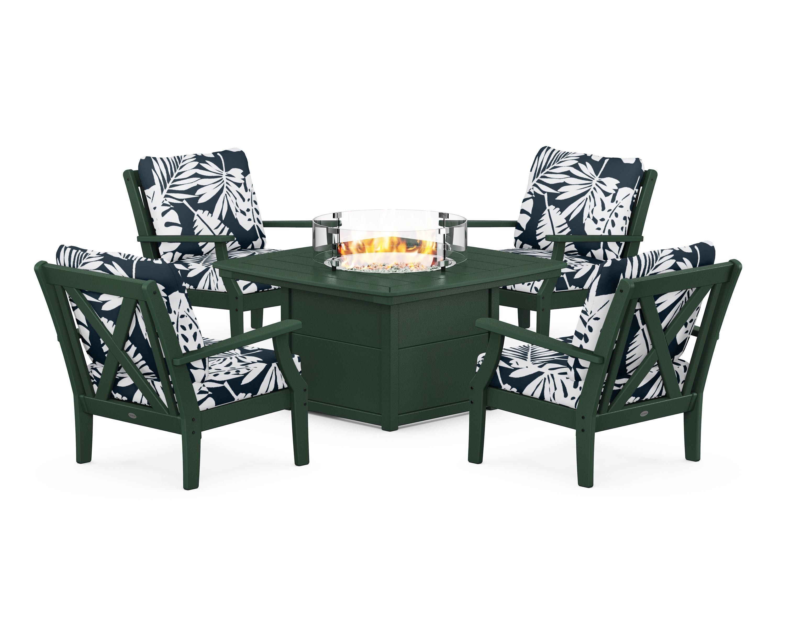 POLYWOOD® Braxton 5-Piece Deep Seating Conversation Set with Fire Pit Table in Green / Leaf Marine Indigo