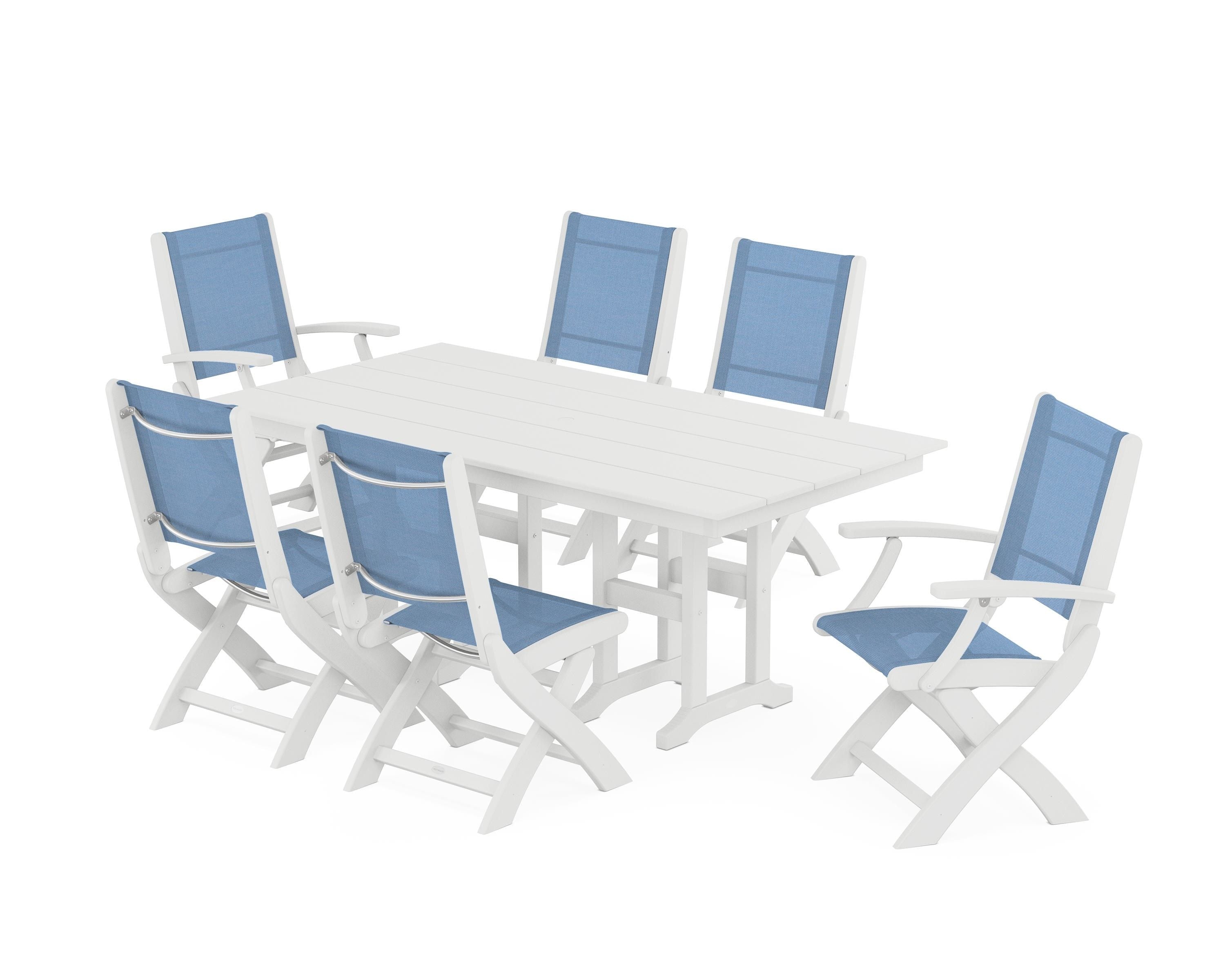 POLYWOOD® Coastal Folding Chair 7-Piece Farmhouse Dining Set in White / Poolside Sling