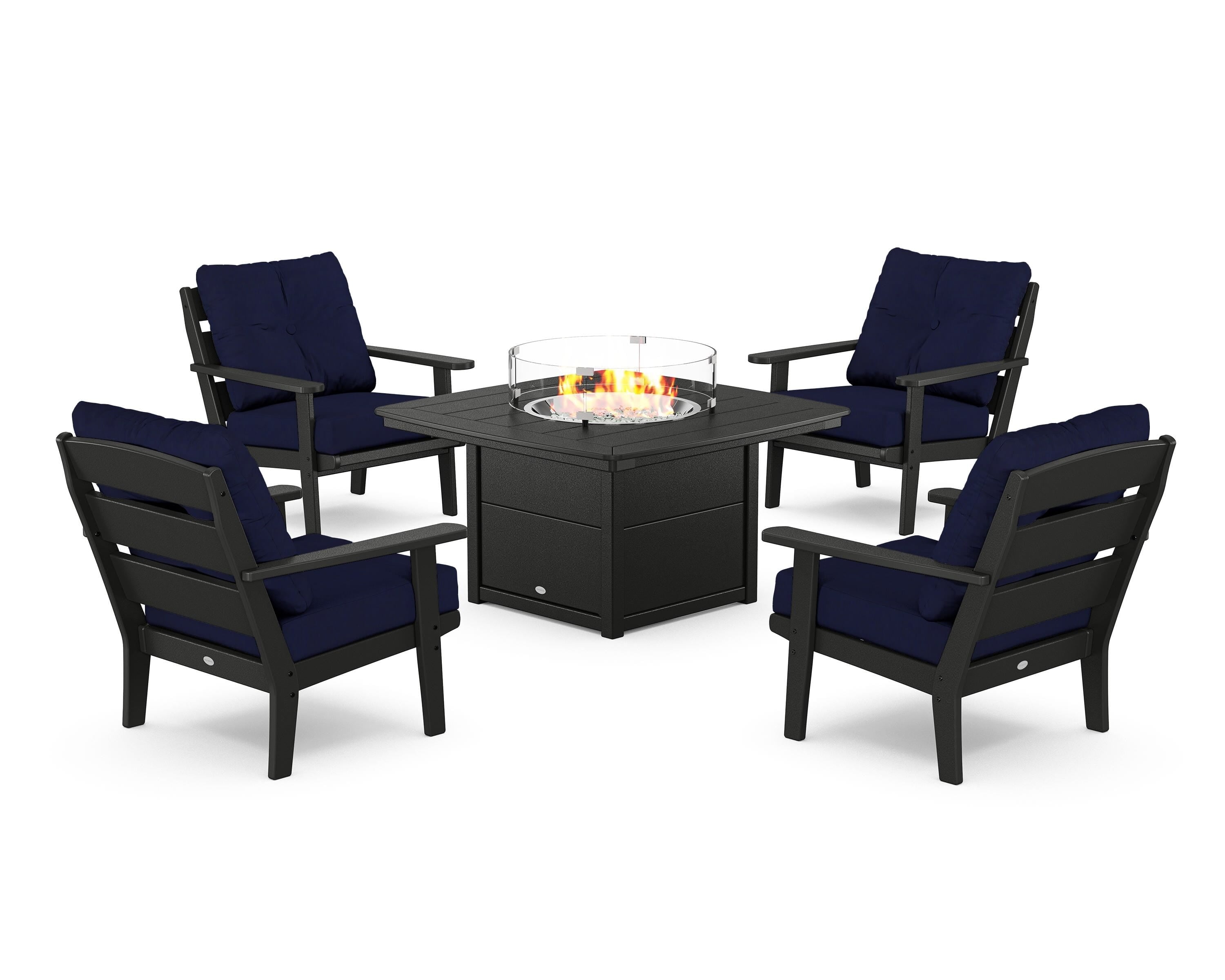 POLYWOOD® Lakeside 5-Piece Deep Seating Set with Nautical Fire Pit Table in Black / Navy