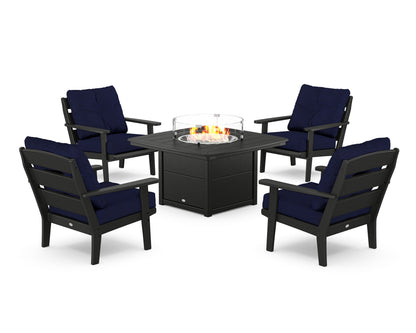POLYWOOD® Lakeside 5-Piece Deep Seating Set with Nautical Fire Pit Table in Black / Navy