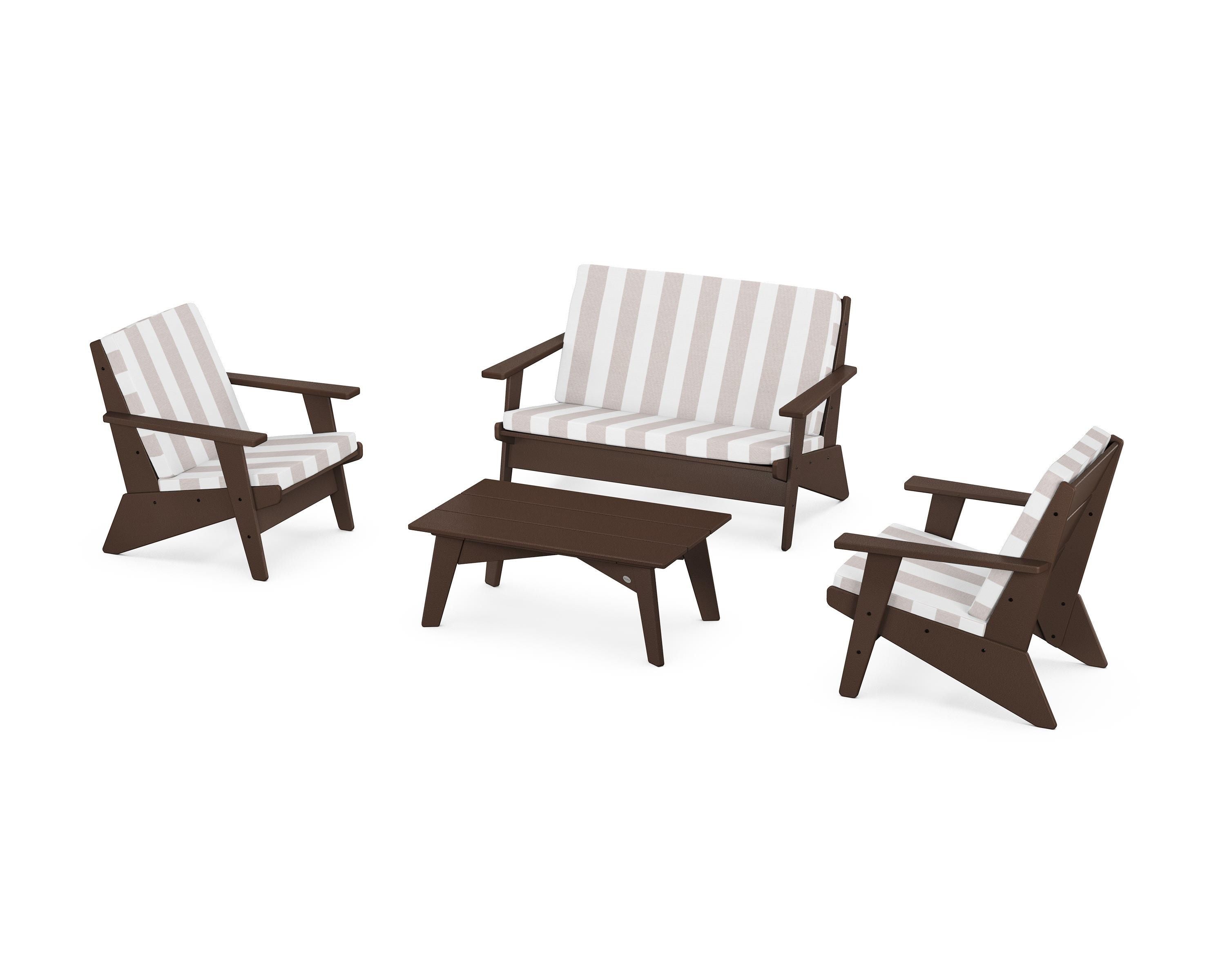 POLYWOOD® Riviera Modern Lounge 4-Piece Set in Mahogany / Cabana Stripe Dune Burlap