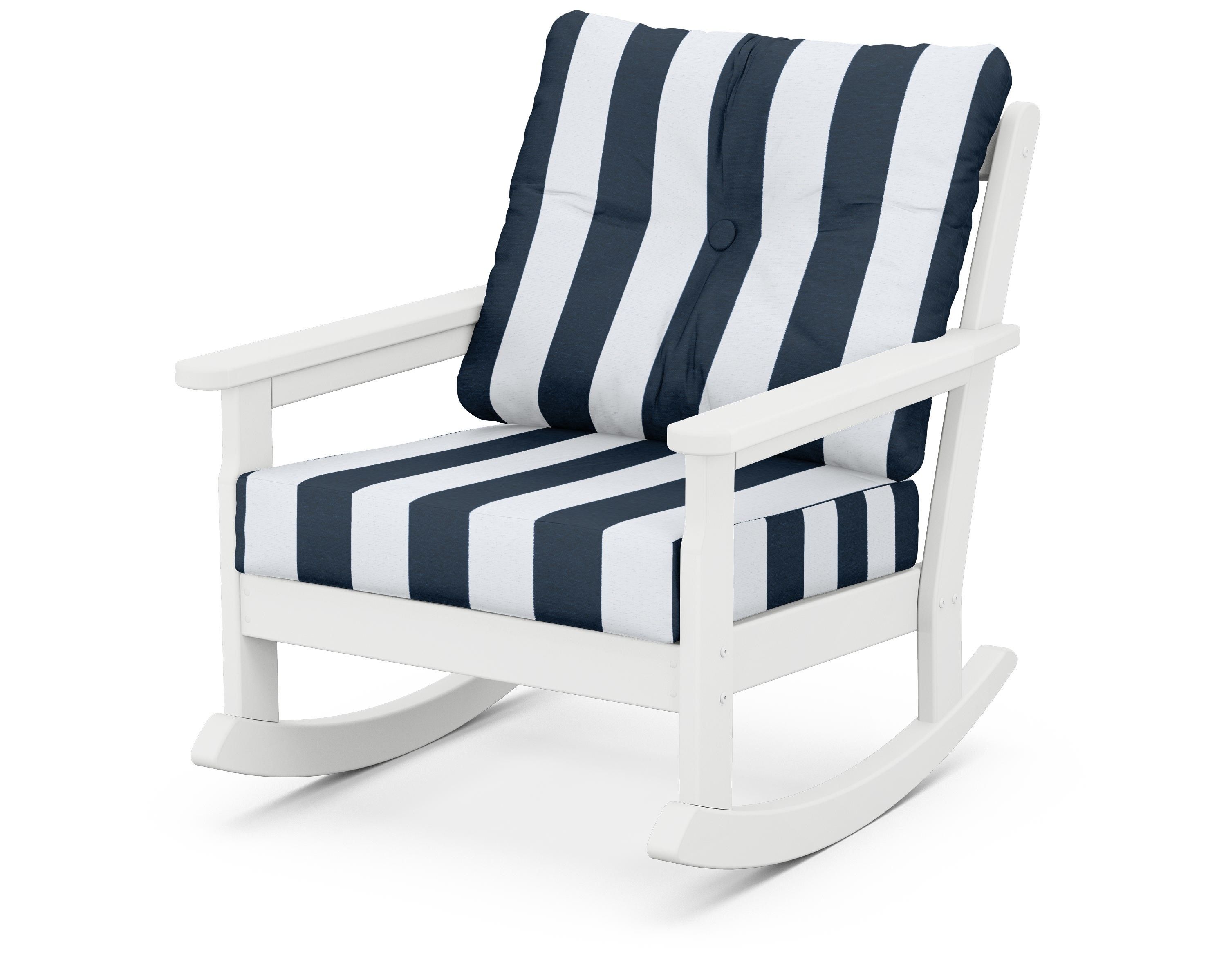 POLYWOOD® Vineyard Deep Seating Rocking Chair in White / Cabana Stripe Marine Indigo