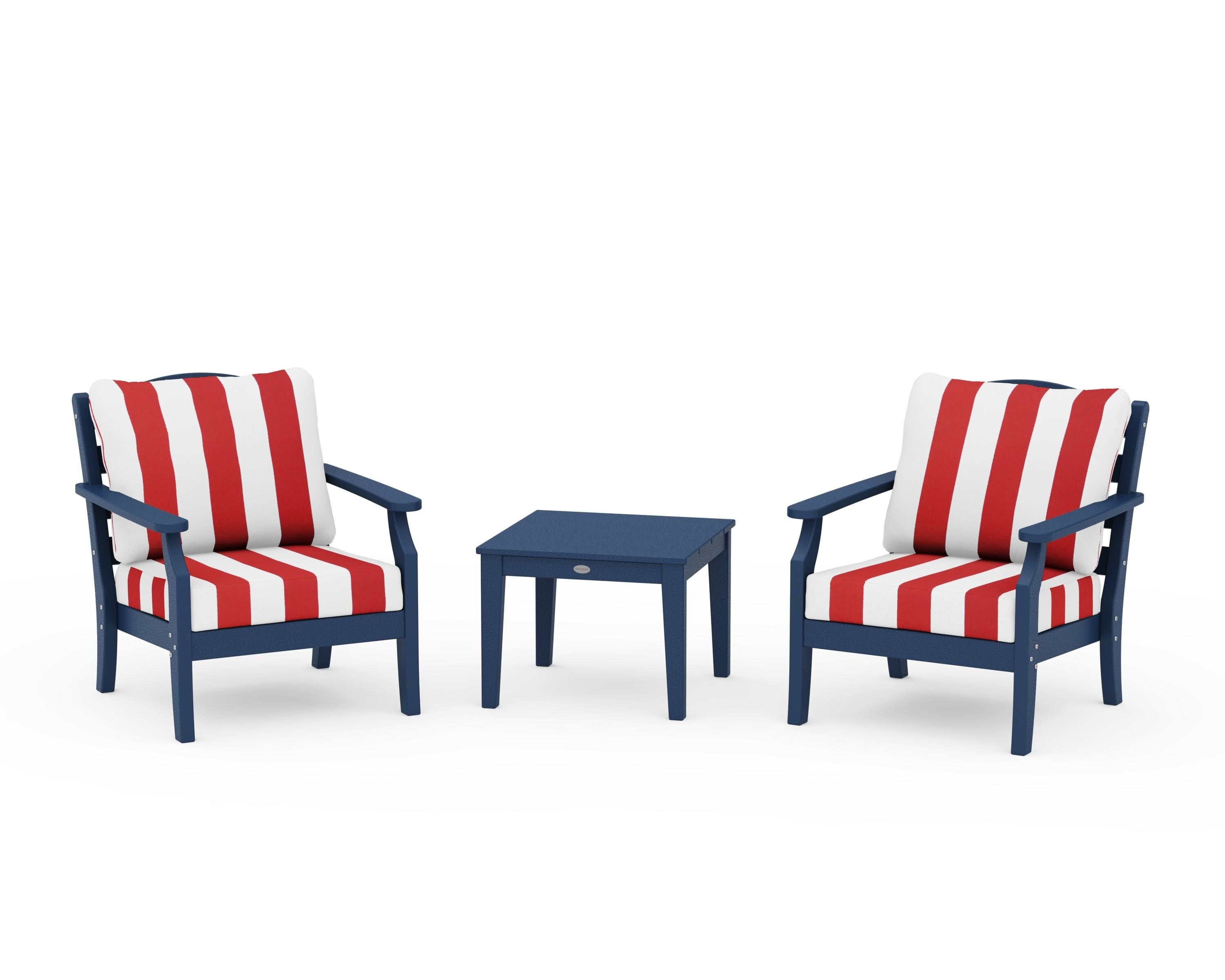 Draper James™ by  POLYWOOD® Savannah 3-Piece Deep Seating Set in Navy / Cabana Stripe Crimson