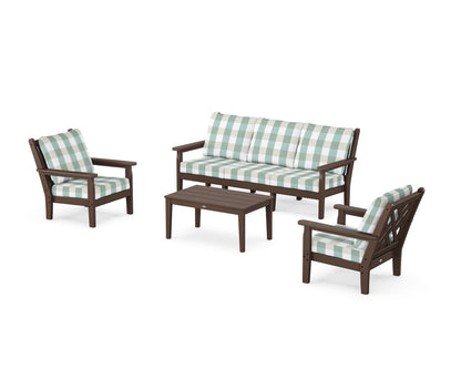 POLYWOOD® Chippendale 4-Piece Deep Seating Set with Sofa in Mahogany / Buffalo Plaid Glacier Spa