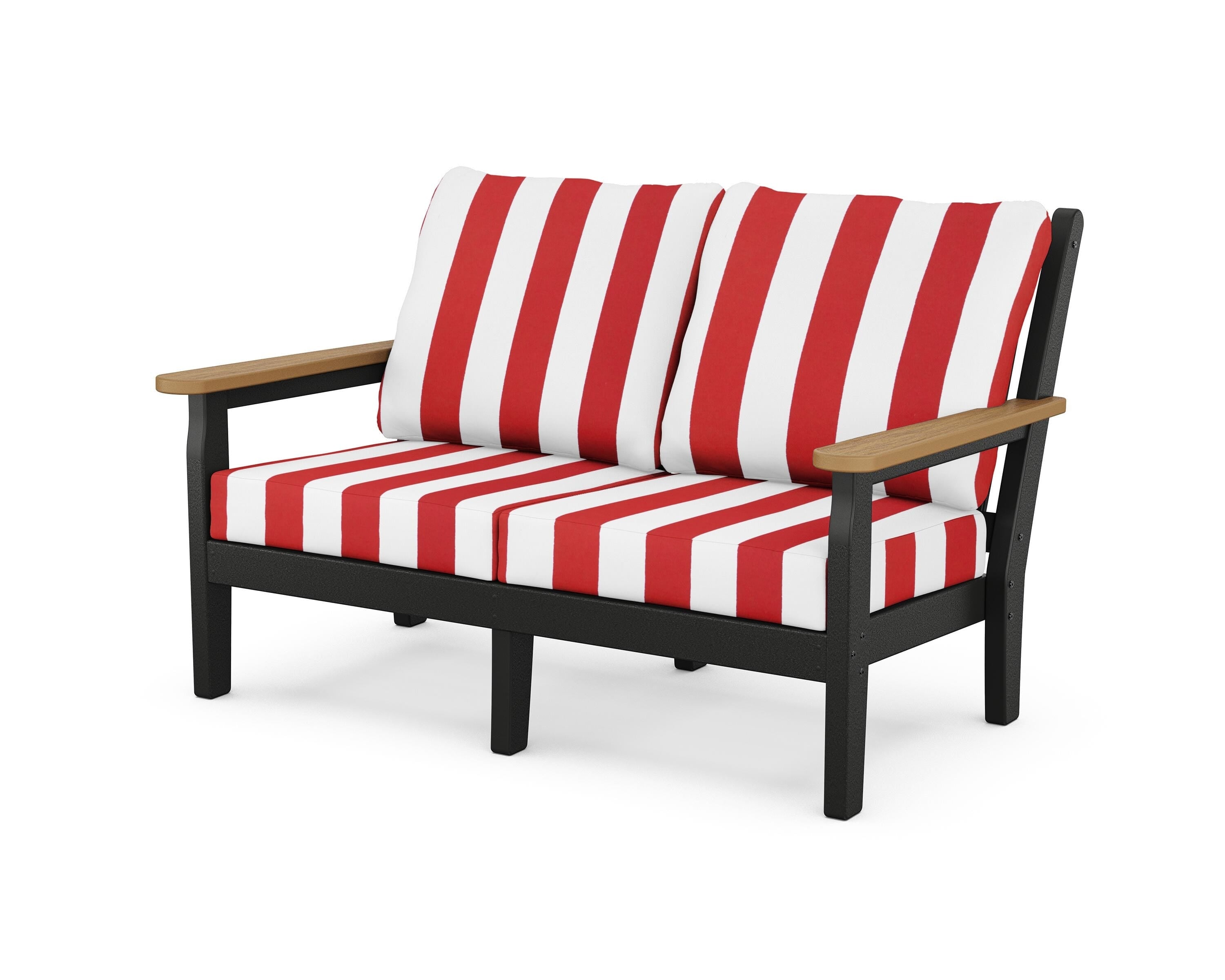 POLYWOOD® Chippendale Deep Seating Loveseat in Black / Natural / Cabana Stripe Crimson