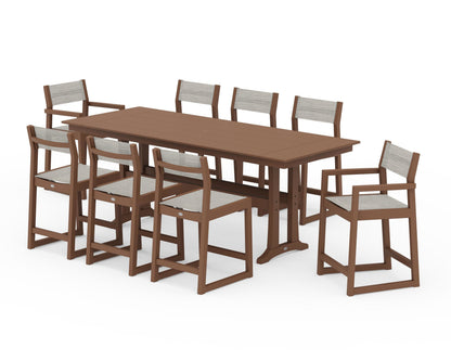 POLYWOOD® EDGE Sling 9-Piece Farmhouse Counter Set with Trestle Legs in Teak / Birch Sling