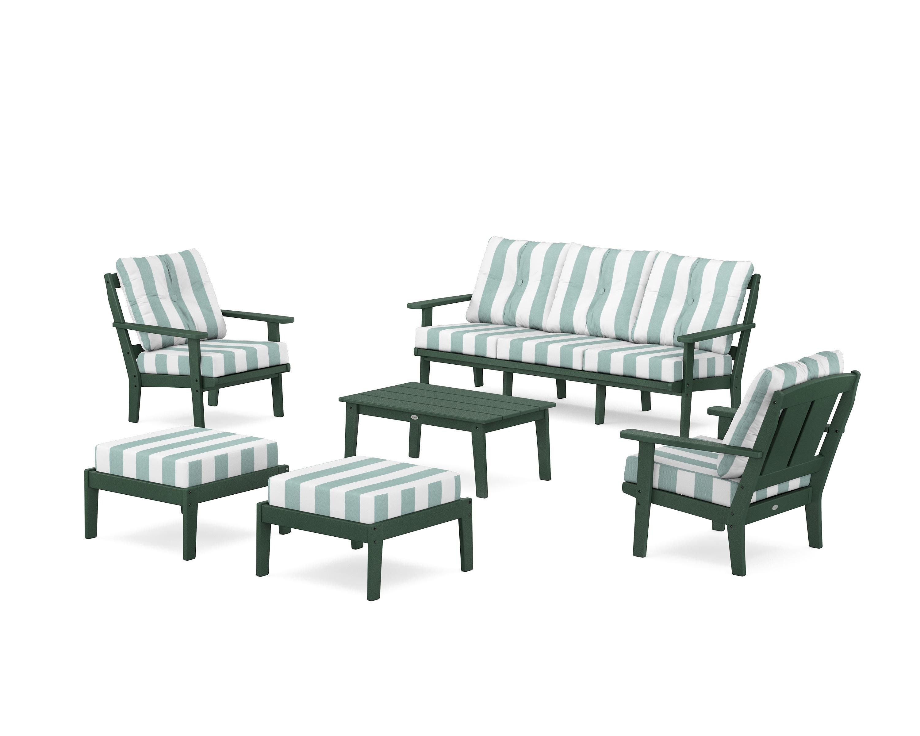 POLYWOOD® Mission 6-Piece Lounge Sofa Set in Green / Cabana Stripe Glacier Spa