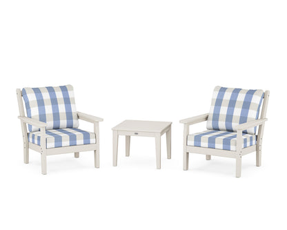 POLYWOOD® Chippendale 3-Piece Deep Seating Set in Sand / Buffalo Plaid Sky Blue