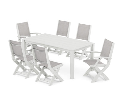 POLYWOOD® Coastal Folding Chair 7-Piece Parsons Dining Set in White / Parchment Sling
