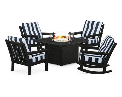 POLYWOOD® Vineyard 5-Piece Deep Seating Rocking Chair Conversation Set with Fire Pit Table in Black / Cabana Stripe Marine Indigo