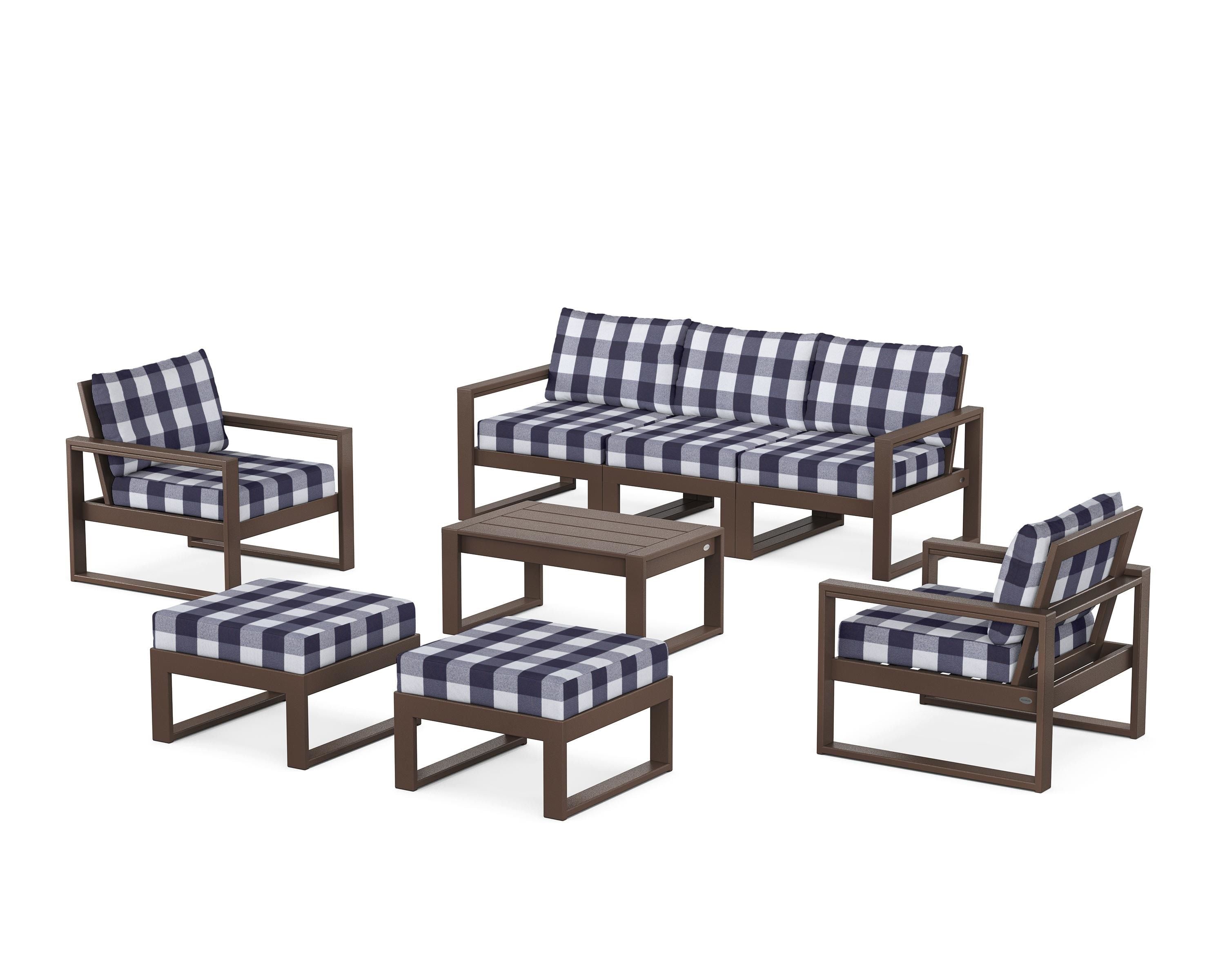 POLYWOOD® EDGE Sectional 8-Piece Lounge Sofa Set in Mahogany / Buffalo Plaid Navy