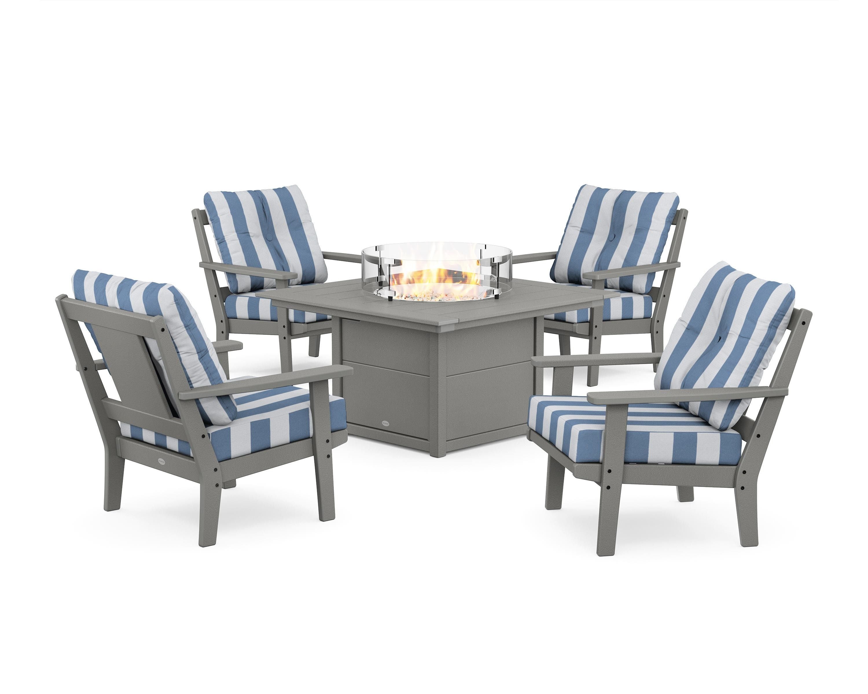 POLYWOOD® Prairie 5-Piece Deep Seating Set with Fire Pit Table in Slate Grey / Cabana Stripe Sky Blue