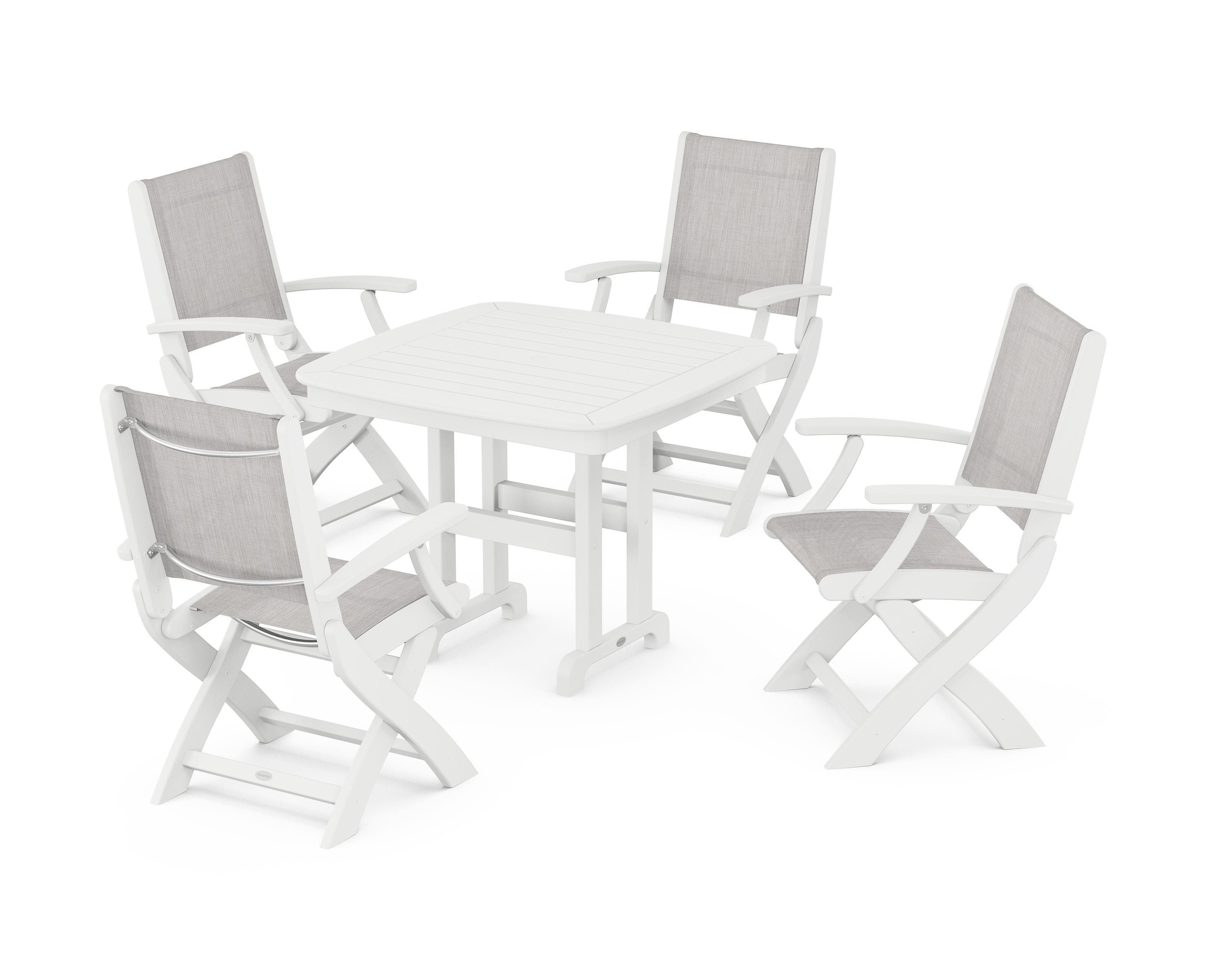 POLYWOOD® Coastal Folding Chair 5-Piece Dining Set in White / Parchment Sling