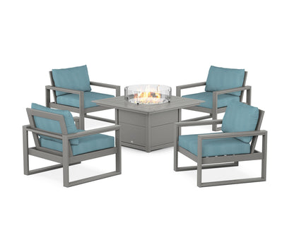 POLYWOOD® EDGE Sectional 5-Piece Deep Seating Set with Fire Pit Table in Slate Grey / Lattice Sky Blue