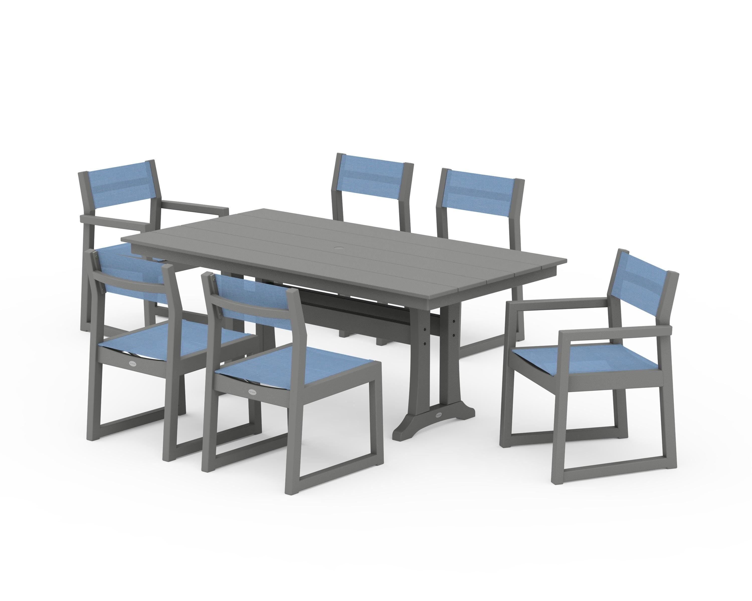 POLYWOOD® EDGE Sling 7-Piece Farmhouse Trestle Dining Set in Slate Grey / Poolside Sling