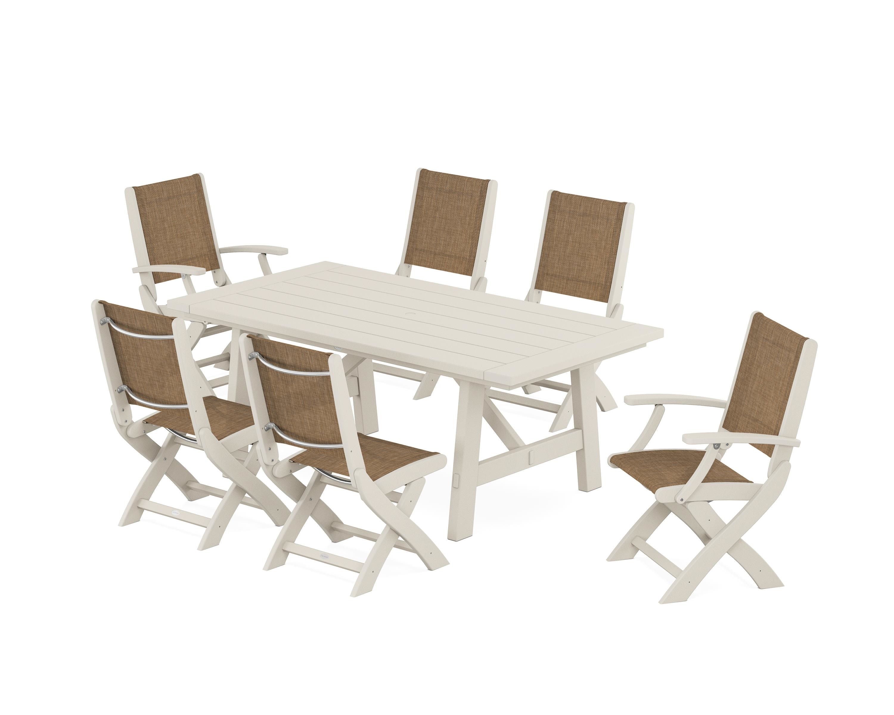 POLYWOOD® Coastal Folding Chair 7-Piece Rustic Farmhouse Dining Set in Sand / Burlap Sling
