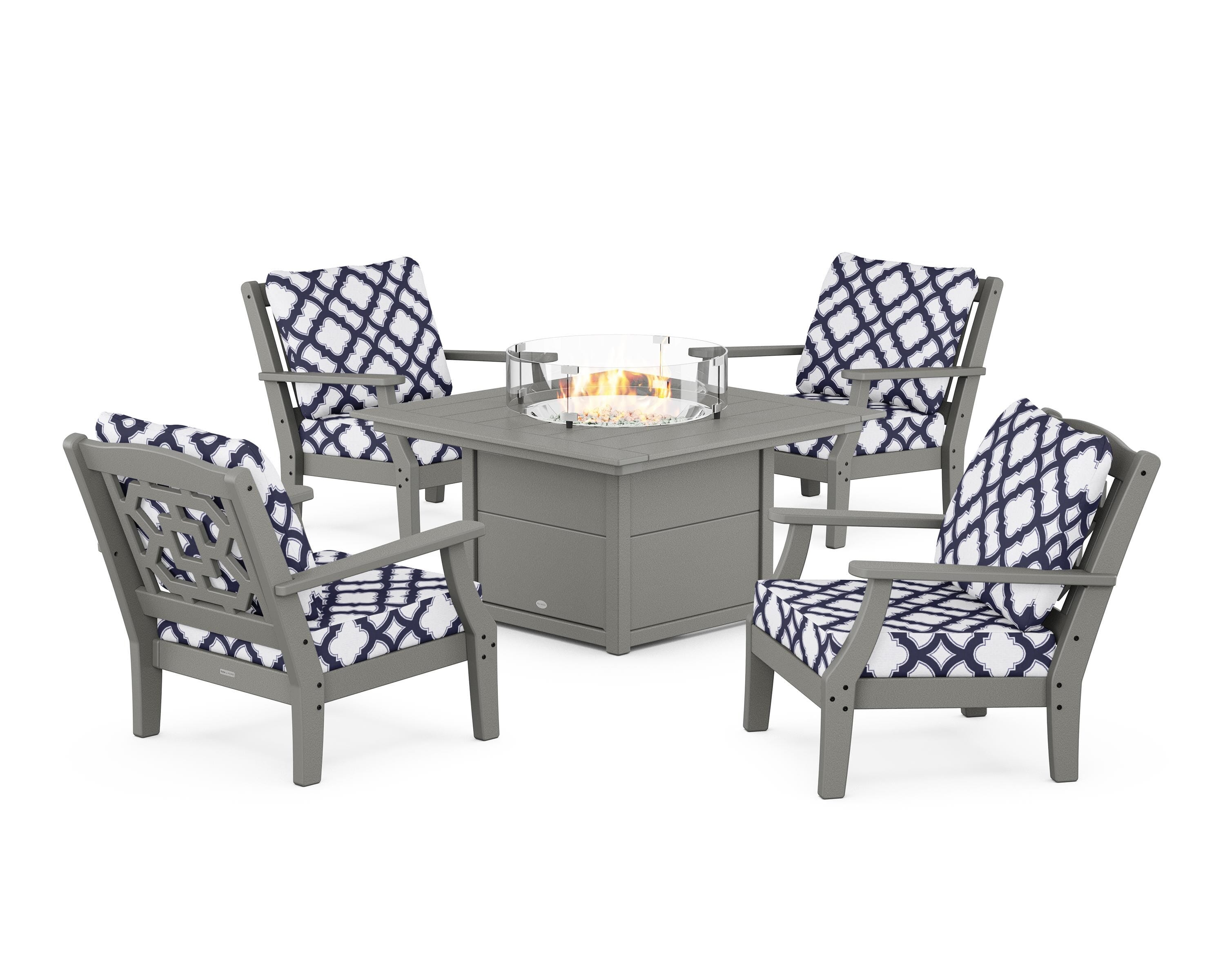 Martha Stewart by POLYWOOD® Chinoiserie 5-Piece Deep Seating Set with Fire Pit Table in Slate Grey / Trellis Navy