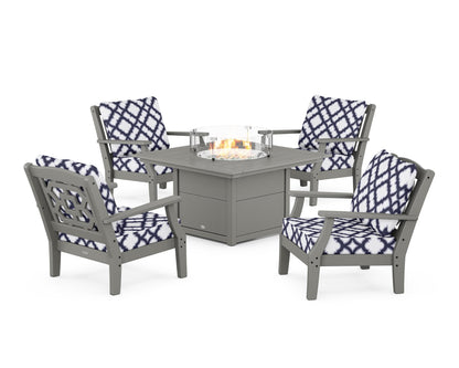 Martha Stewart by POLYWOOD® Chinoiserie 5-Piece Deep Seating Set with Fire Pit Table in Slate Grey / Trellis Navy
