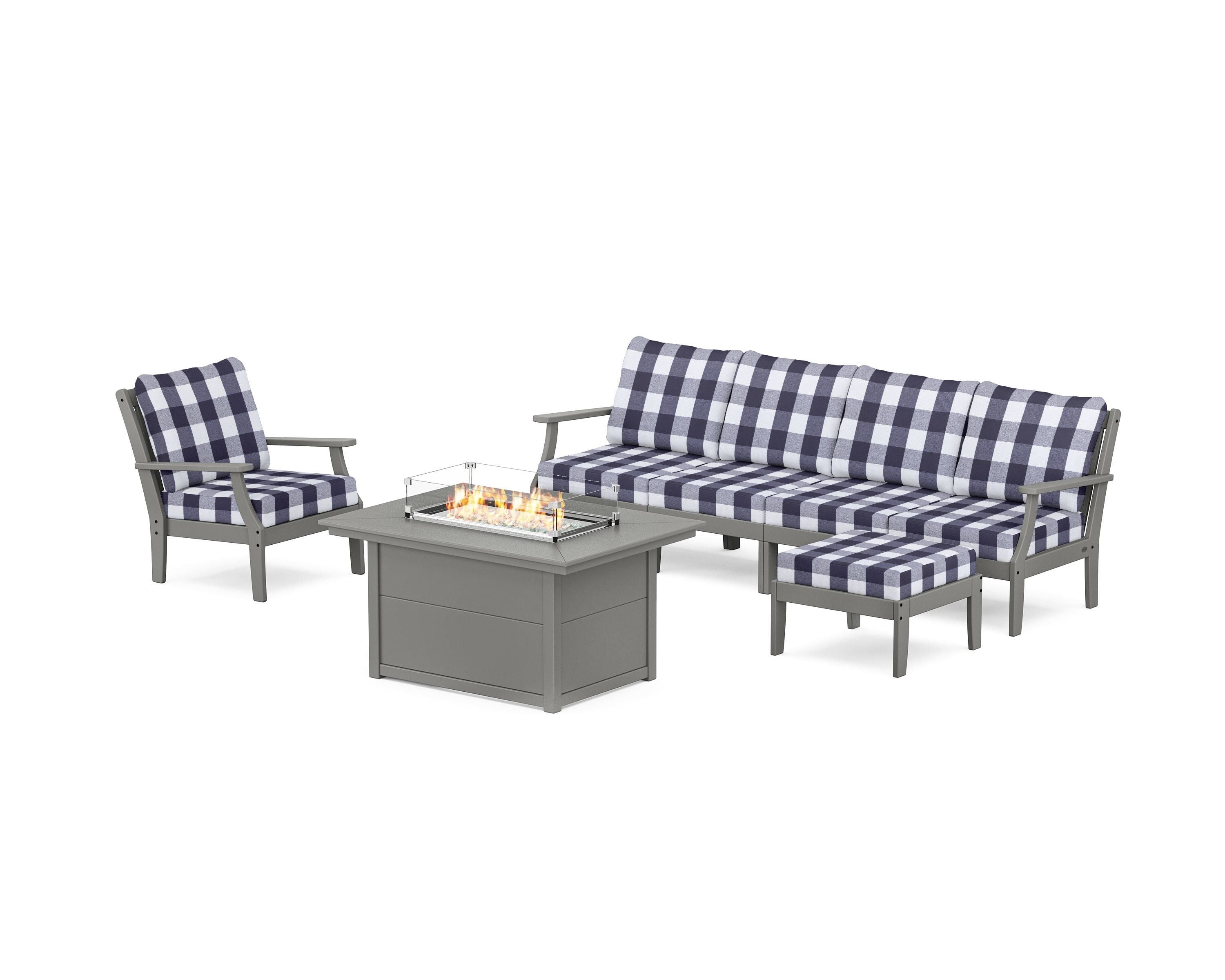 POLYWOOD® Braxton Sectional Lounge and Fire Pit Set in Slate Grey / Buffalo Plaid Navy