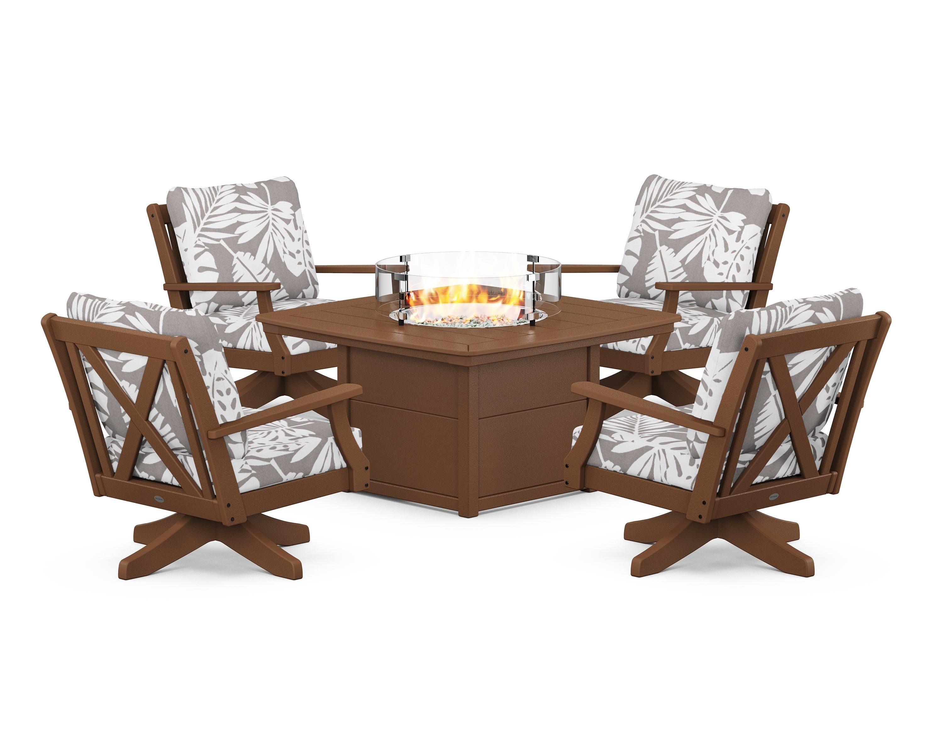 POLYWOOD® Braxton 5-Piece Deep Seating Swivel Conversation Set with Fire Pit Table in Teak / Leaf Grey Mist