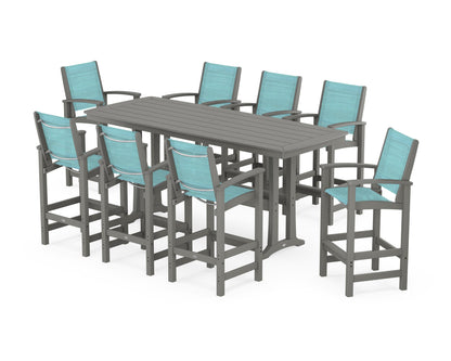 POLYWOOD® Coastal 9-Piece Bar Set with Trestle Legs in Slate Grey / Dupioni Aquamarine Sling