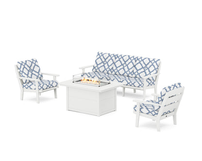 POLYWOOD® Lakeside Deep Seating Fire Pit Table Set in White / Trellis Sky Blue