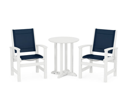 POLYWOOD® Coastal 3-Piece Round Bistro Dining Set in White / Navy Blue Sling