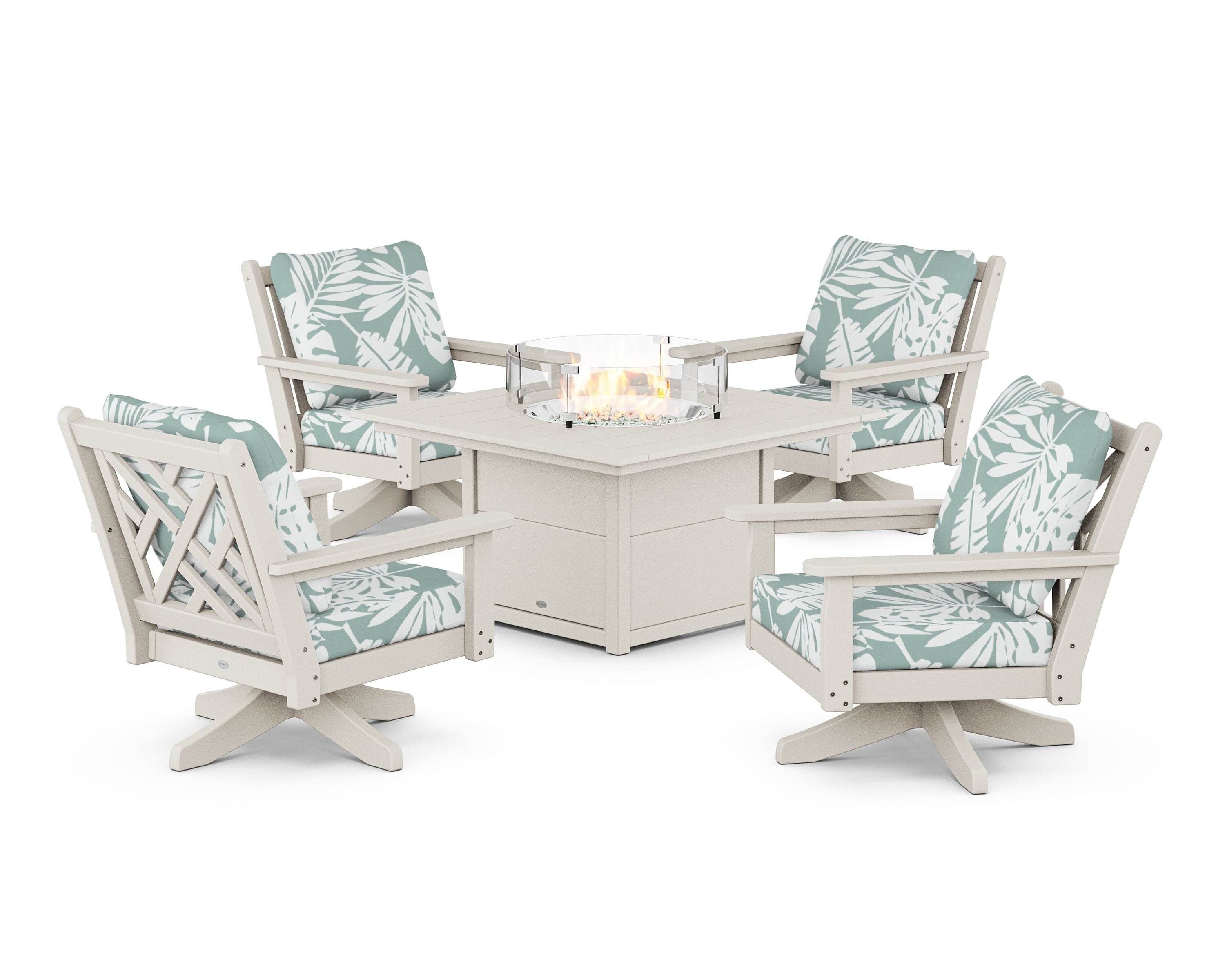 POLYWOOD® Chippendale 5-Piece Deep Seating Swivel Conversation Set with Fire Pit Table in Sand / Leaf Glacier Spa