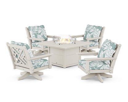 POLYWOOD® Chippendale 5-Piece Deep Seating Swivel Conversation Set with Fire Pit Table in Sand / Leaf Glacier Spa