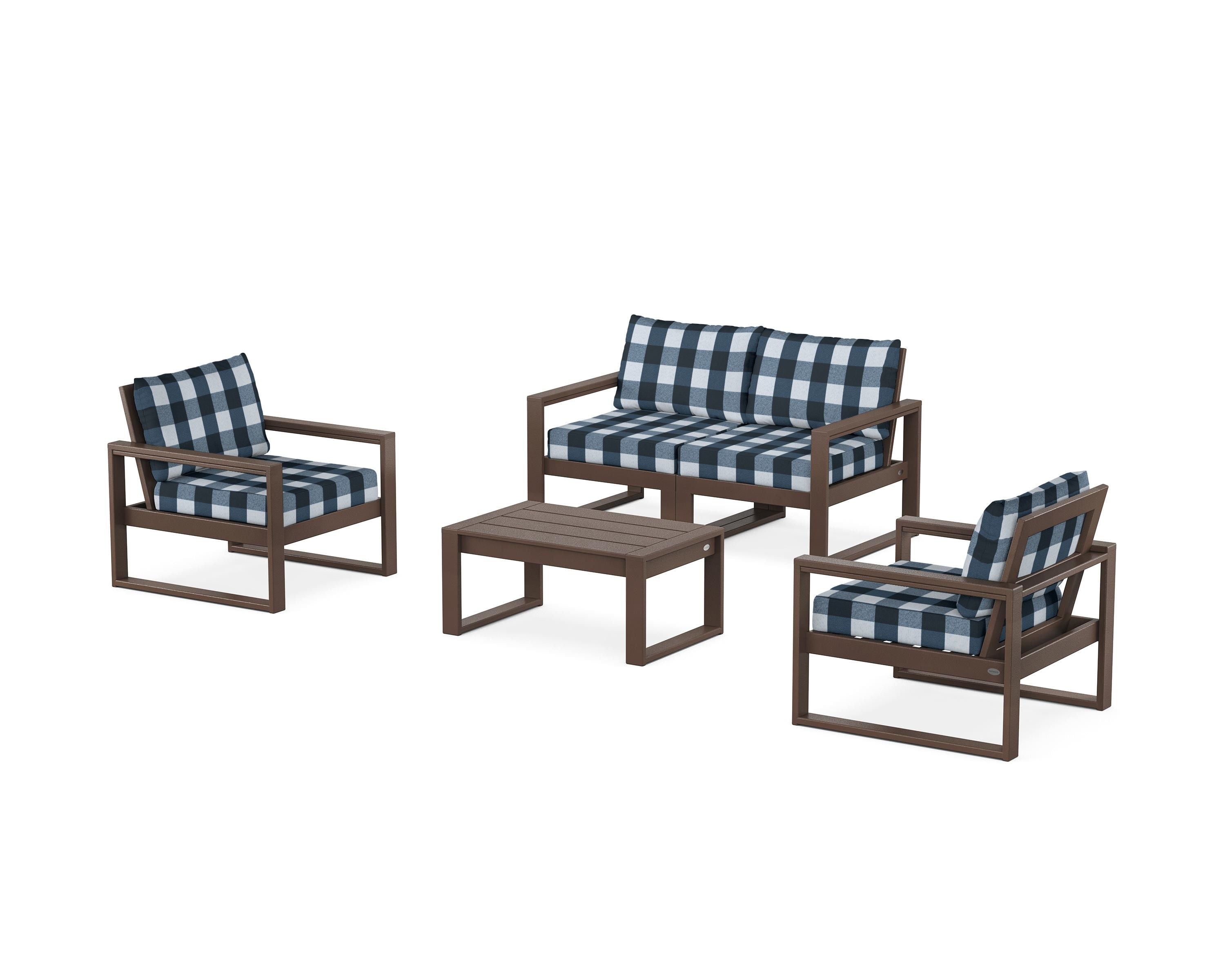 POLYWOOD® EDGE Sectional 4-Piece Deep Seating Set with Loveseat in Mahogany / Buffalo Plaid Marine Indigo