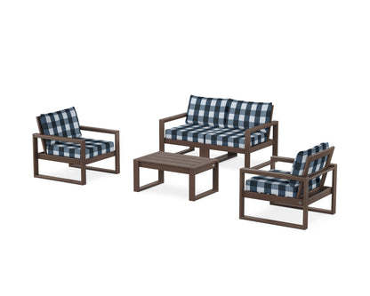 POLYWOOD® EDGE Sectional 4-Piece Deep Seating Set with Loveseat in Mahogany / Buffalo Plaid Marine Indigo