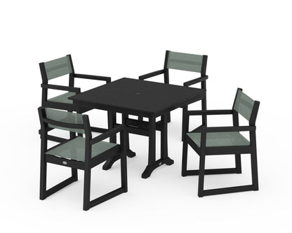 POLYWOOD® EDGE Sling 5-Piece Farmhouse Dining Set with Trestle Legs in Black / Dupioni Sea Mist Sling