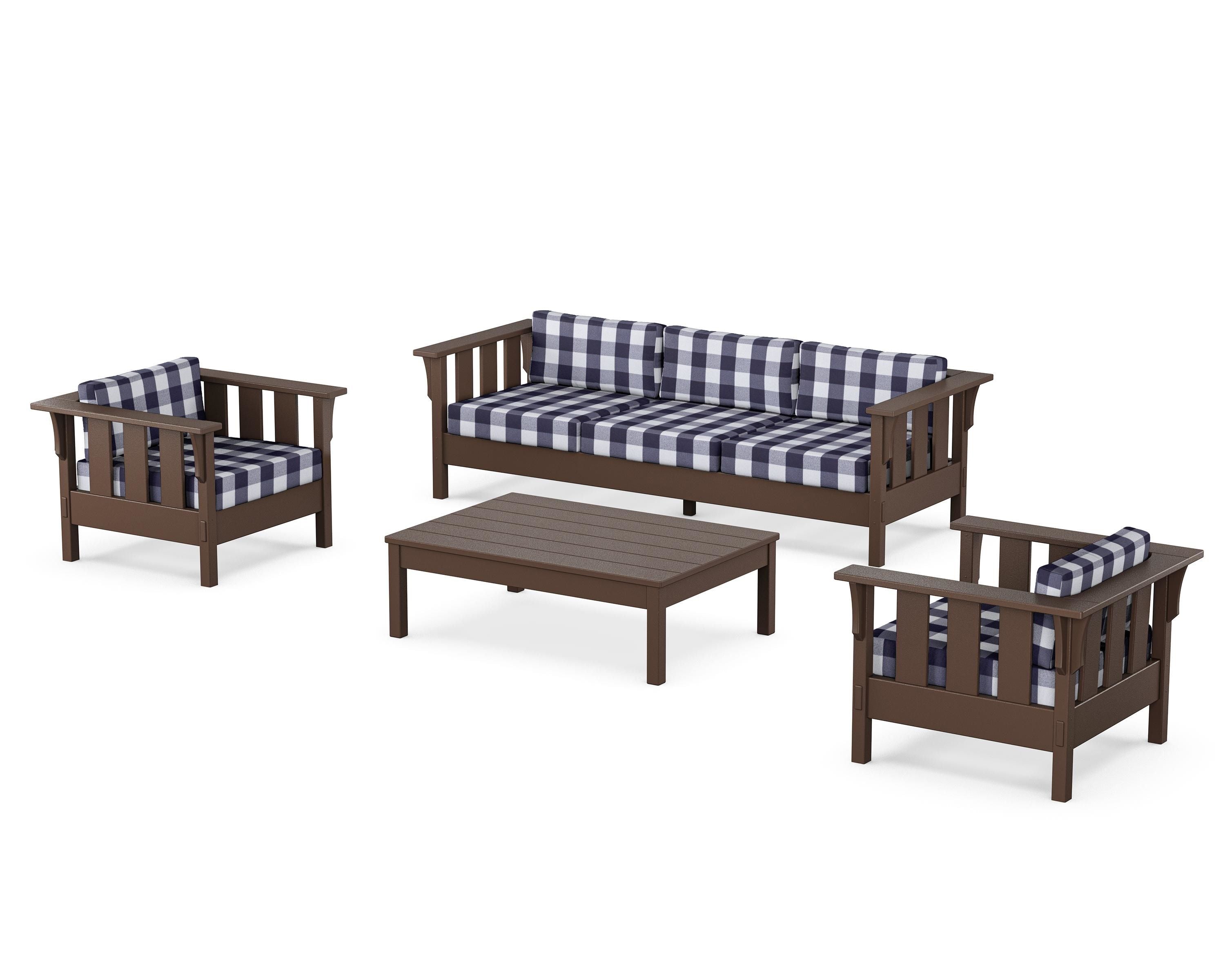 Martha Stewart by POLYWOOD® Acadia 4-Piece Deep Seating Set with Sofa in Mahogany / Buffalo Plaid Navy