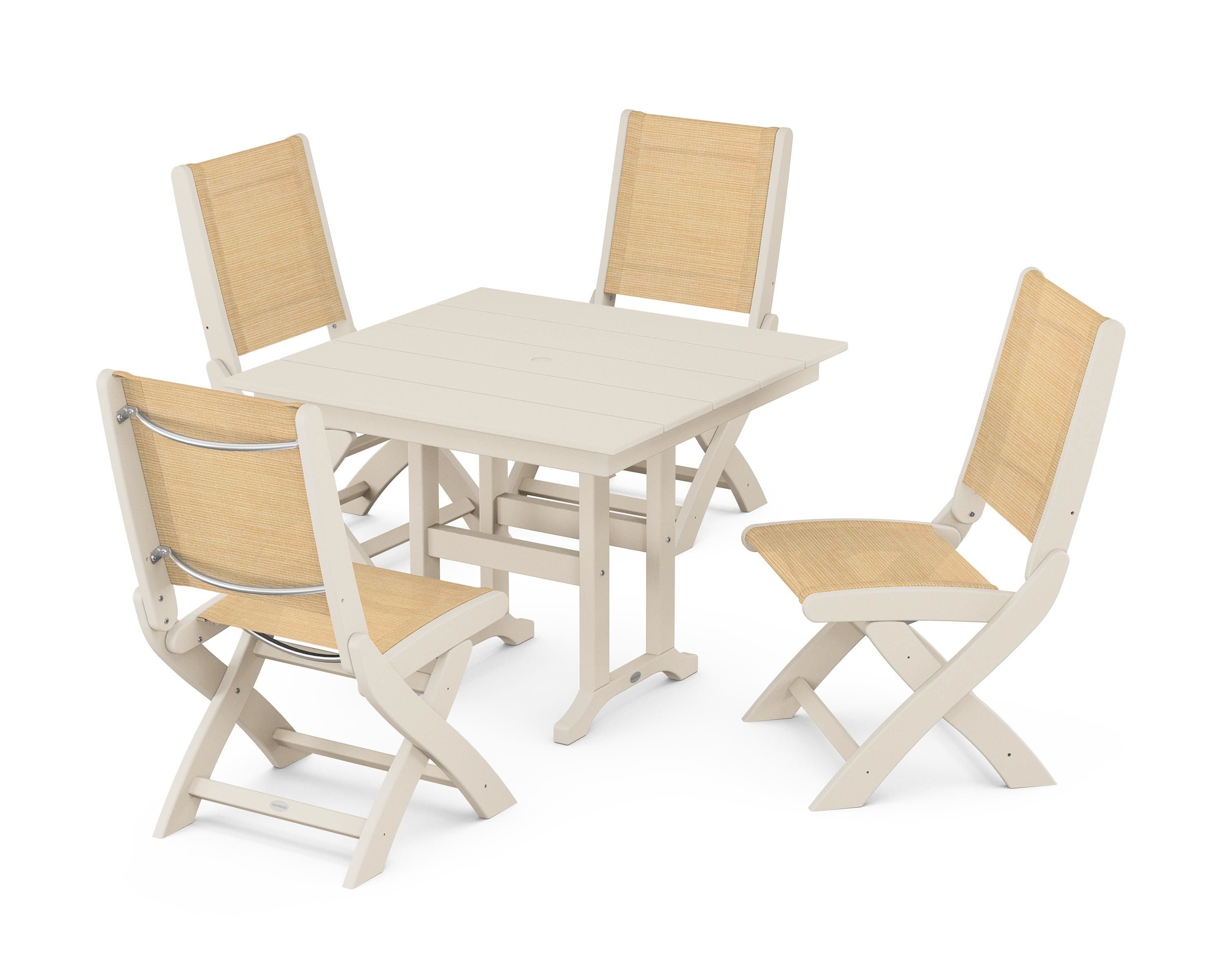POLYWOOD® Coastal Folding Side Chair 5-Piece Farmhouse Dining Set in Sand / Dupioni Apricot Sling
