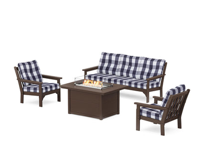POLYWOOD® Vineyard Deep Seating Fire Pit Table Set in Mahogany / Buffalo Plaid Navy