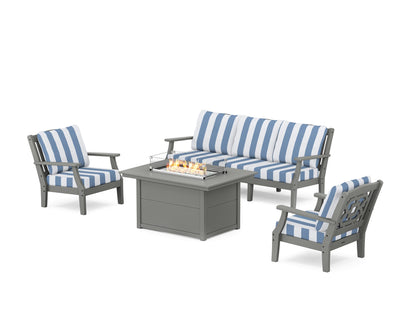 Martha Stewart by POLYWOOD® Chinoiserie Deep Seating Fire Pit Table Set in Slate Grey / Cabana Stripe Sky Blue