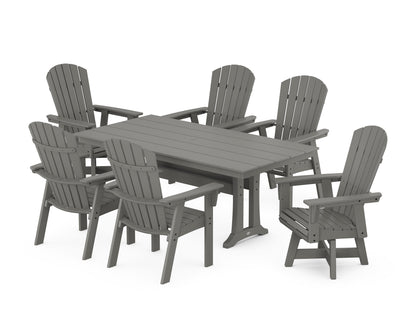 POLYWOOD® Nautical Curveback Adirondack Swivel Chair 7-Piece Farmhouse Dining Set With Trestle Legs in Slate Grey