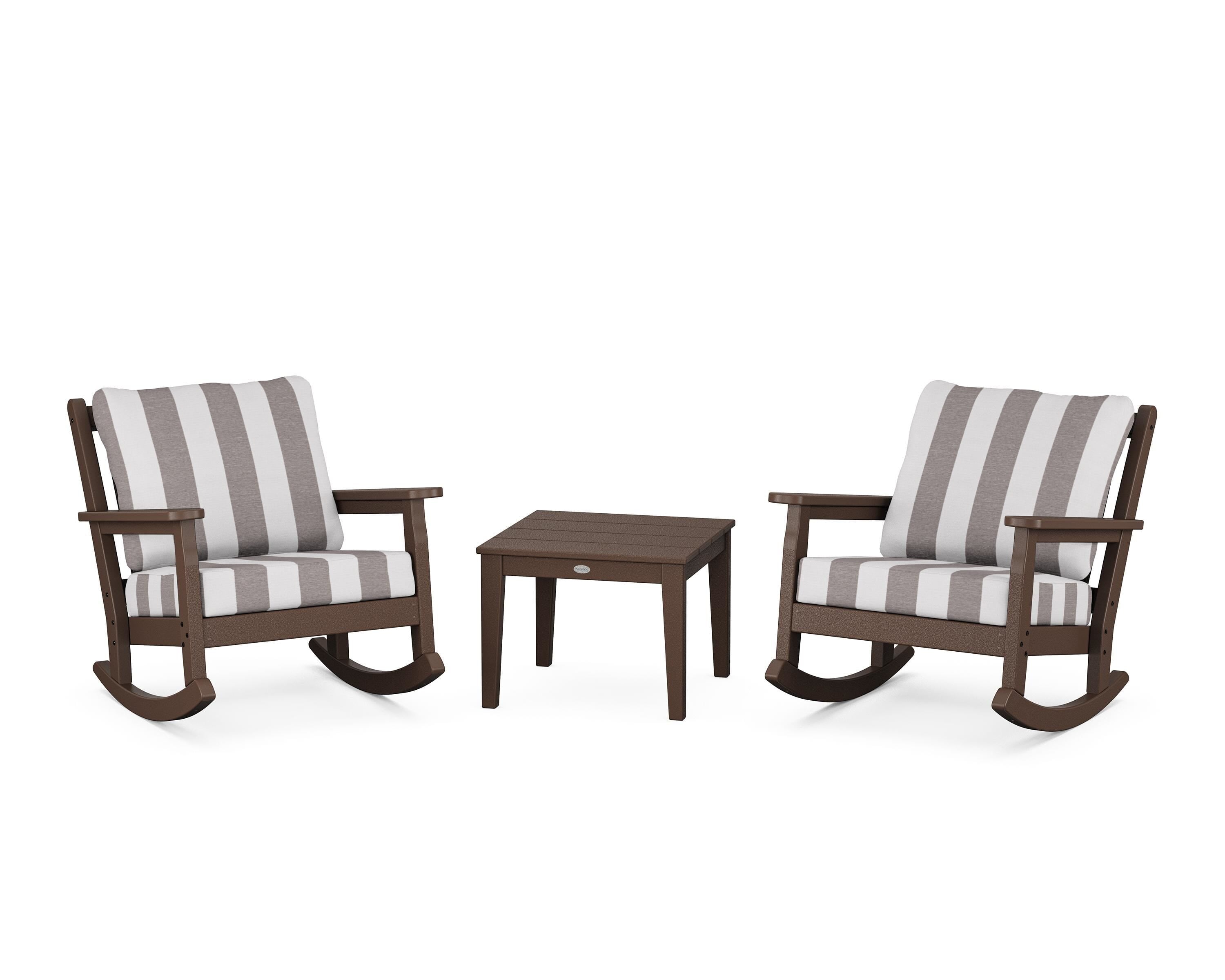 POLYWOOD® Chippendale 3-Piece Deep Seating Rocker Set in Mahogany / Cabana Stripe Grey Mist
