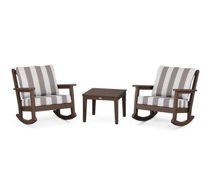 POLYWOOD® Chippendale 3-Piece Deep Seating Rocker Set in Mahogany / Cabana Stripe Grey Mist